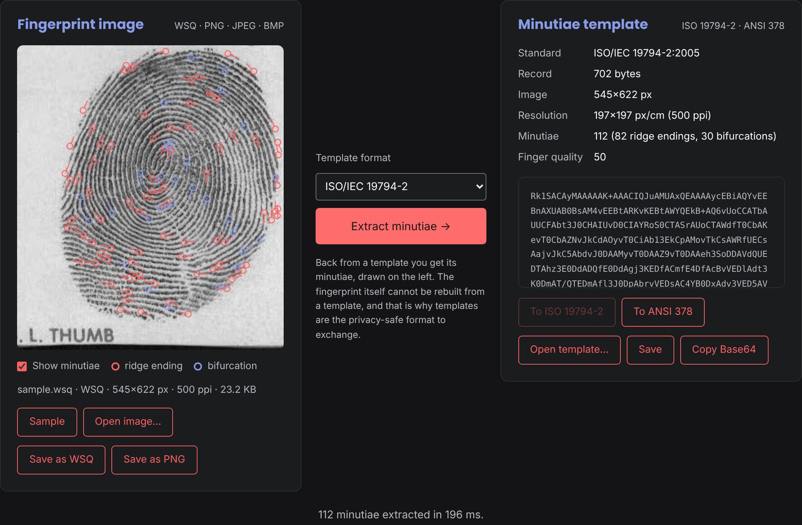 Iriscan biometric converter running in the browser: fingerprint image and ISO/IEC 19794-2 template