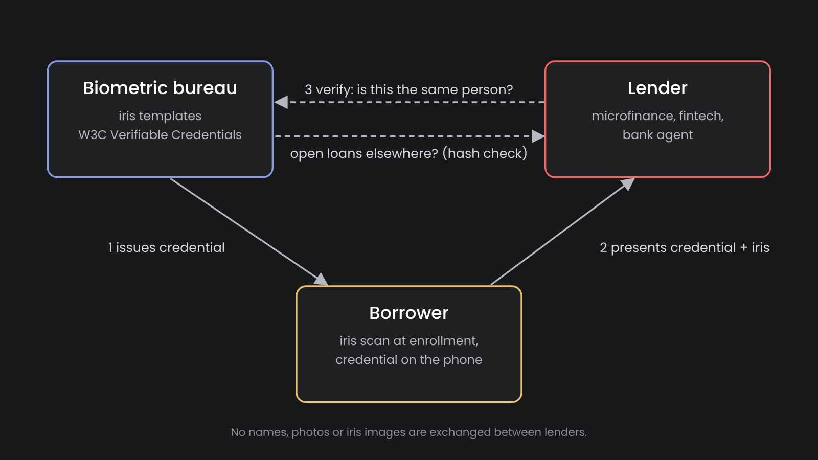 Biometric credit bureau flow between the bureau, the borrower and the lender